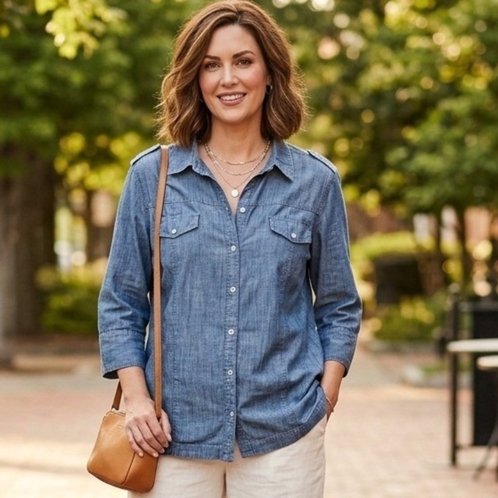 Chico's Button Up Shirt XL Womens 3 Blue Chambray Utility 3/4 Sleeve Casual